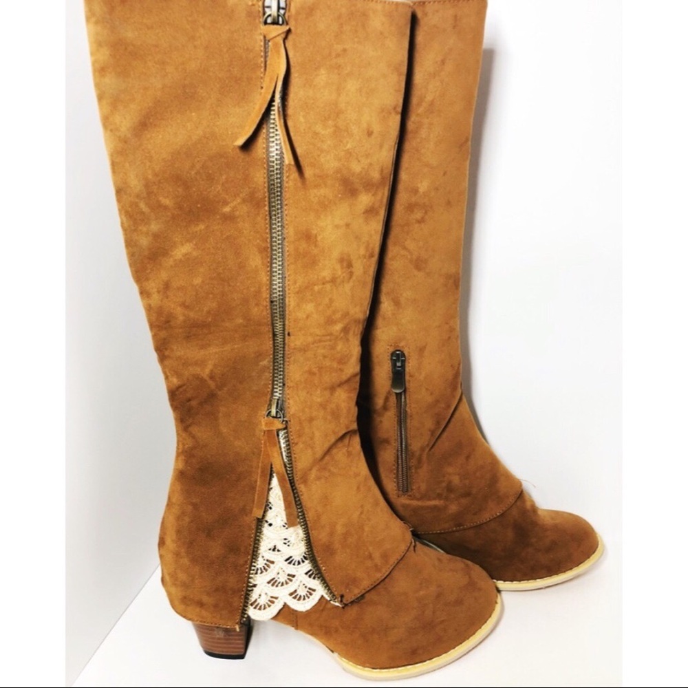 Brown vintage European heel boots with lace detail